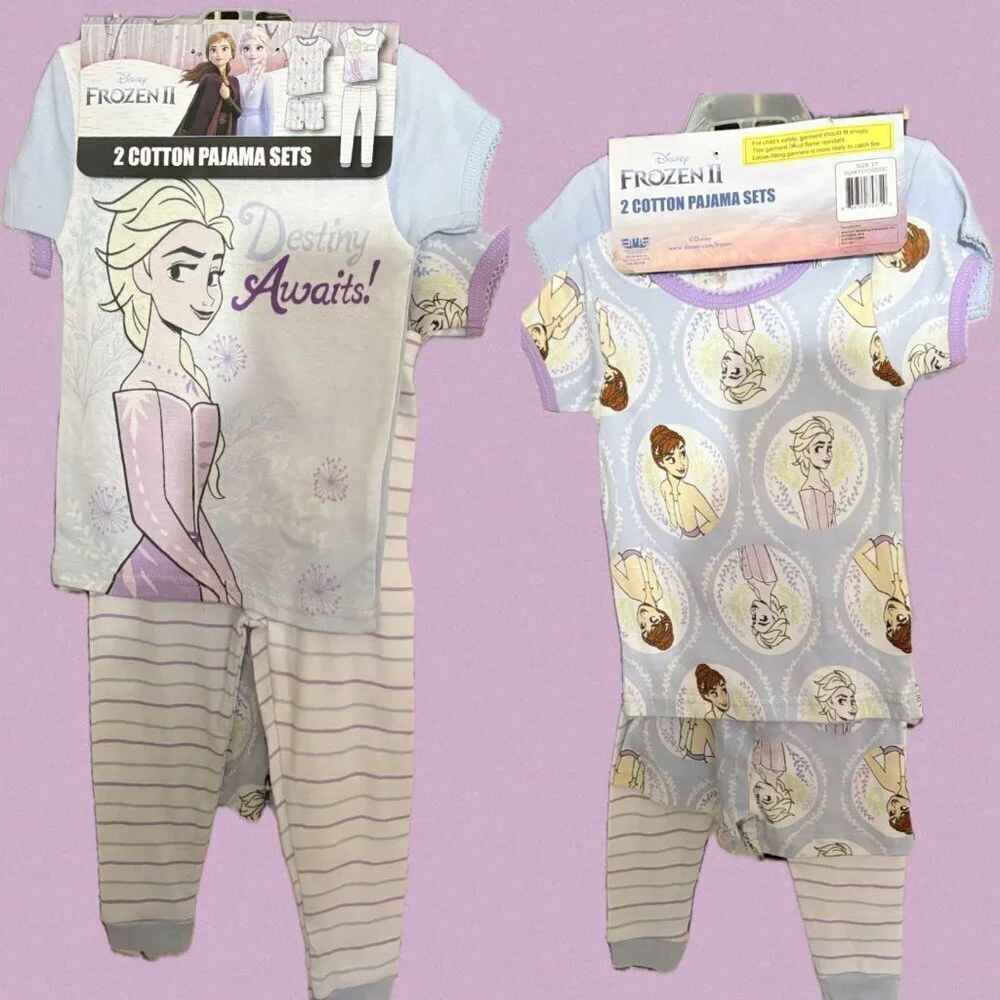Disney 2 Sets Frozen II Graphic Crew Neck Cotton Shorts & Pants Pajamas- Size 2T
